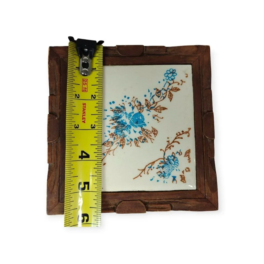 Vintage Orion Trivet Monterey Mexico Ceramic Tile Blue White Carved Wood Framed